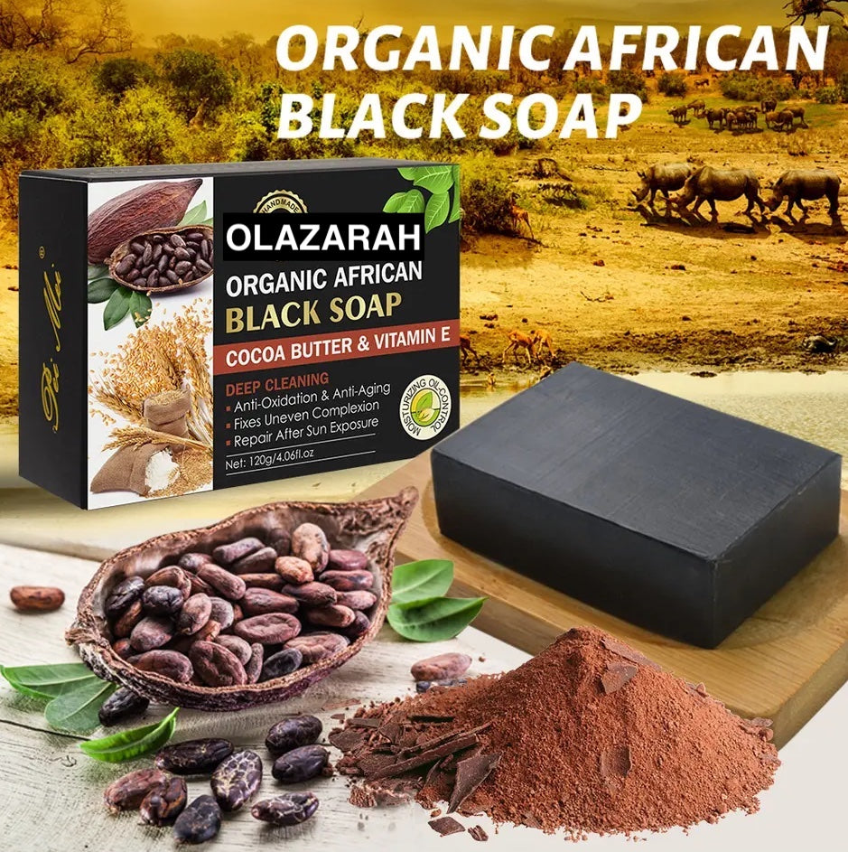 Natural African Black Soap w/Cocoa Butter & Vitamin E For All Skin, Gentle, Paraben Free and Vegan, Light Fragrance (6pcs), 12 oz