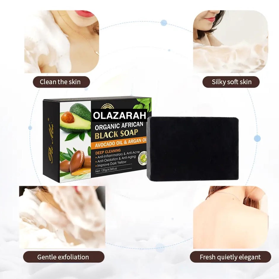 Natural Black Soap w/ Avocado & Argan Oil, Moisturizing Exfoliating Smoothing, (6 pcs), 12 oz