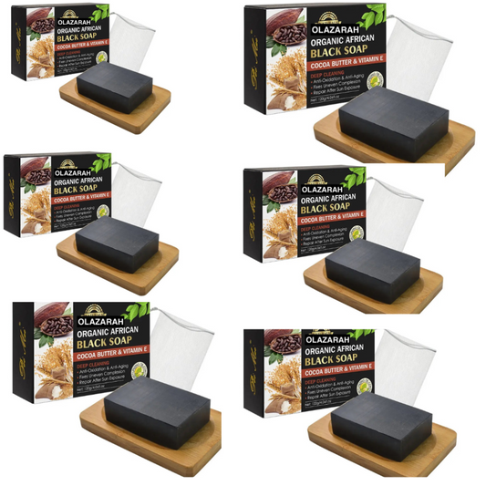Natural African Black Soap w/Cocoa Butter & Vitamin E For All Skin, Gentle, Paraben Free and Vegan, Light Fragrance, (6 pcs, 2 oz. Each)
