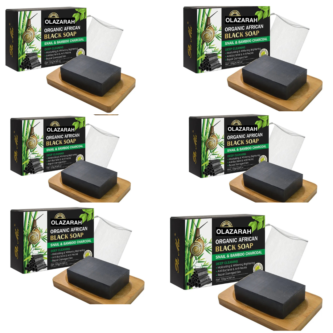 Natural African Black Soap, Snail Bamboo Charcoal, Deep Cleaning Repair Damaged Skin Anti Freckle, (6pcs), 12 oz