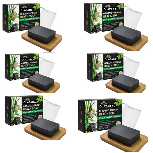 Natural African Black Soap, Snail Bamboo Charcoal, Deep Cleaning Repair Damaged Skin Anti Freckle, (6 pcs, 2 oz Each)